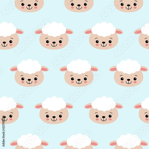 Fototapeta Naklejka Na Ścianę i Meble -  Seamless pattern with cute sheep on blue. Vector background for kids
