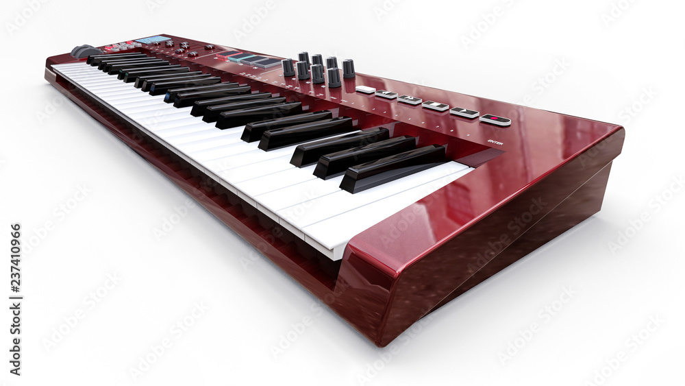 Red synthesizer MIDI keyboard on white background. Synth keys close-up. 3d  rendering. Stock-Illustration | Adobe Stock