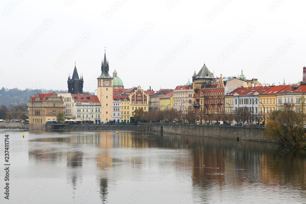 View of Prague from the Vltava river in cloudy day
