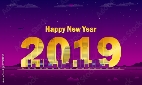 gold 2019 happy new year night mode small city neon lighting the sands land vector illustraion eps10