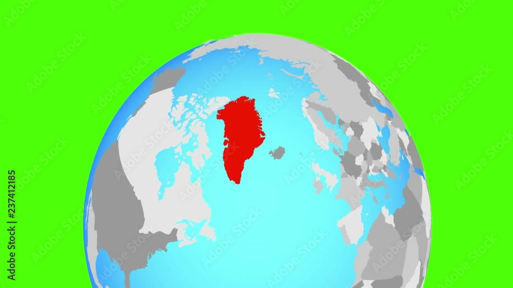 Zooming to Greenland on political globe. 3D illustration.
