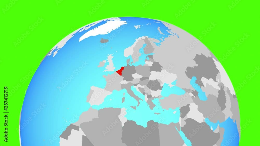 Zooming to Benelux Union on political globe. 3D illustration.