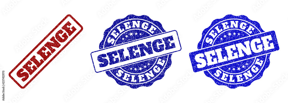SELENGE grunge stamp seals in red and blue colors. Vector SELENGE imprints with grunge style. Graphic elements are rounded rectangles, rosettes, circles and text titles.