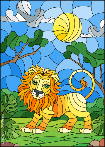 Fototapeta Naklejka Na Ścianę i Meble -  Illustration in stained glass style with cute lion on the background of green trees of cloudy sky and sun
