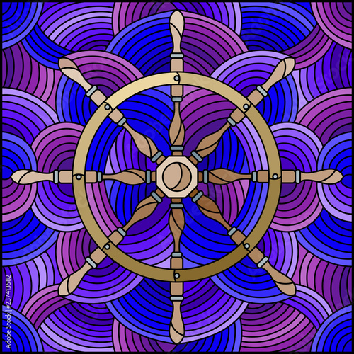Illustration in stained glass style with ship steering wheel on the background of waves © Zagory