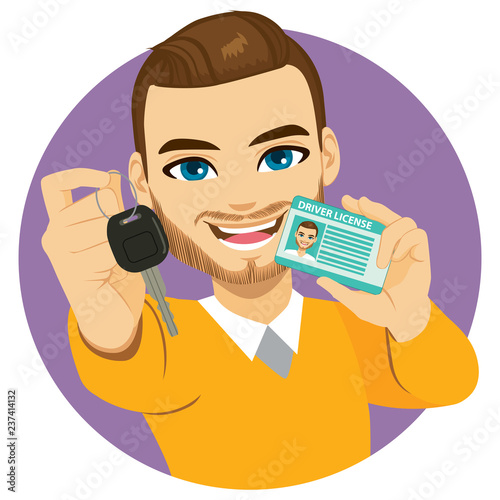 Young man happy smiling showing his new driver license and car keys