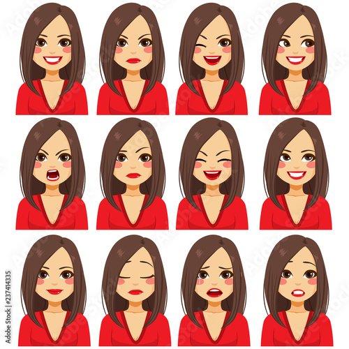 Young beautiful brunette woman with twelve different facial expressions