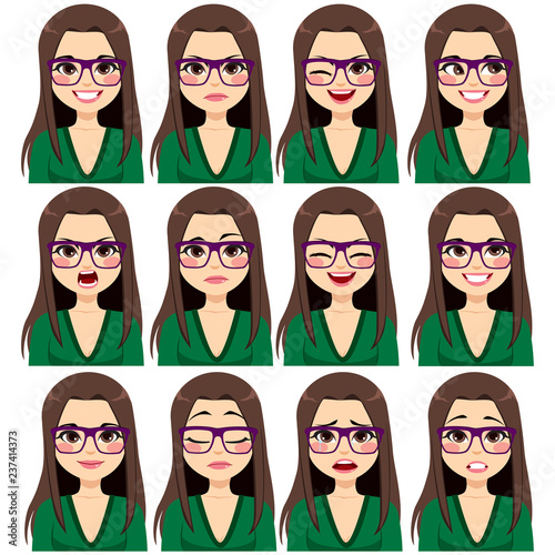 Beautiful young brunette woman with glasses on twelve different face expressions