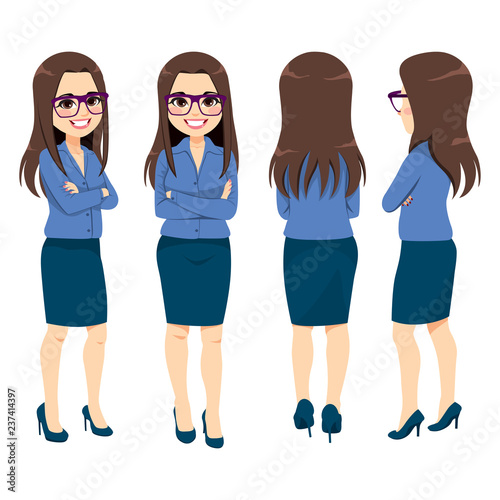 Happy smiling young adult businesswoman with glasses from different angle view