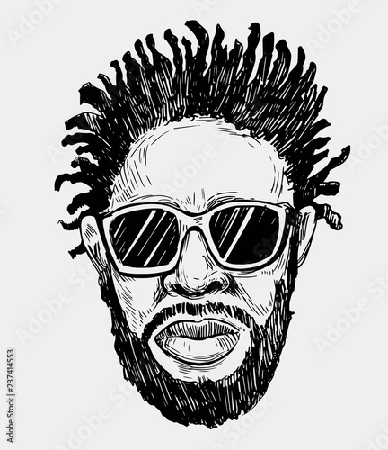 Sketch of african american man in sunglasses. Hand drawn illustration converted to vector