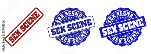 SEX SCENE grunge stamp seals in red and blue colors. Vector SEX SCENE signs with grunge texture. Graphic elements are rounded rectangles, rosettes, circles and text labels.