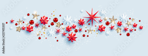 Web Banner Social Media template. Winter decoration with snowflakes, stars and balls festive luxury background