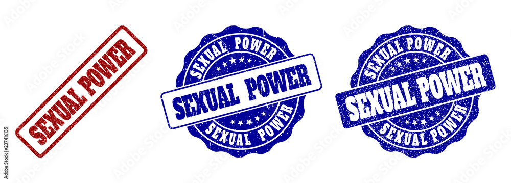 SEXUAL POWER grunge stamp seals in red and blue colors. Vector SEXUAL POWER overlays with dirty style. Graphic elements are rounded rectangles, rosettes, circles and text captions.