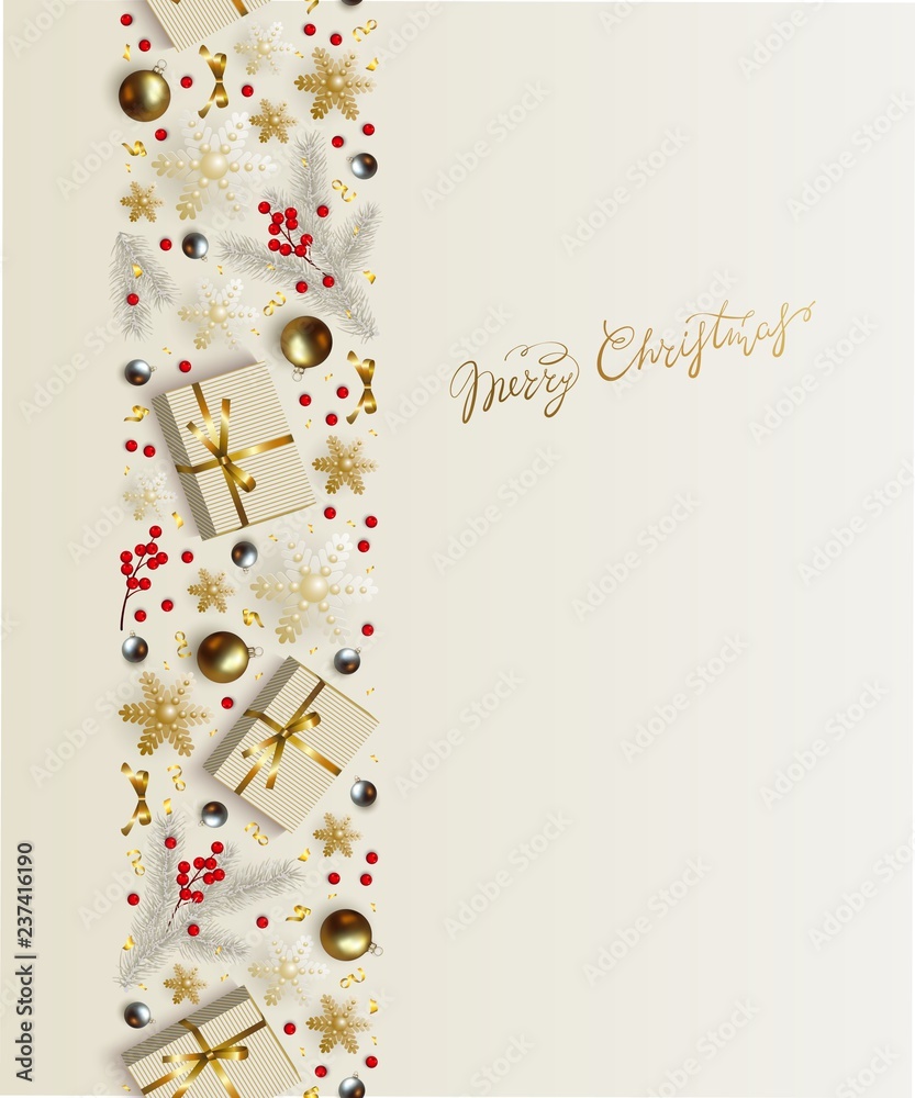 Fototapeta premium Christmas New Year background with vertical golden border of Xmas decorations