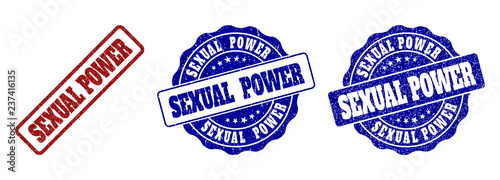 SEXUAL POWER grunge stamp seals in red and blue colors. Vector SEXUAL POWER overlays with dirty style. Graphic elements are rounded rectangles, rosettes, circles and text captions.