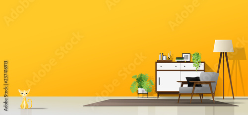 Modern living room with wooden furniture , plants , cat and yellow wall background , vector , illustration