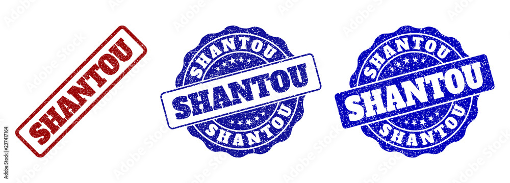 SHANTOU scratched stamp seals in red and blue colors. Vector SHANTOU labels with draft style. Graphic elements are rounded rectangles, rosettes, circles and text titles.