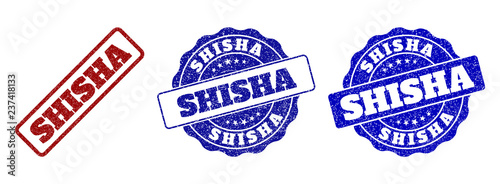 SHISHA scratched stamp seals in red and blue colors. Vector SHISHA labels with grunge effect. Graphic elements are rounded rectangles, rosettes, circles and text labels.