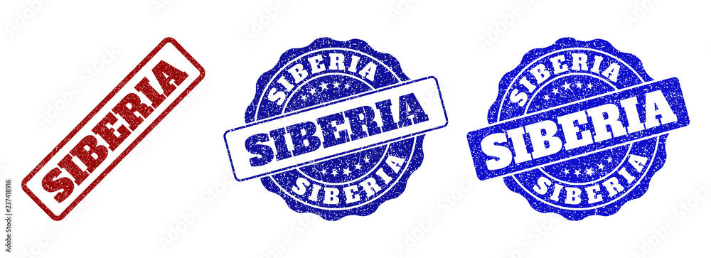 SIBERIA grunge stamp seals in red and blue colors. Vector SIBERIA marks with grunge texture. Graphic elements are rounded rectangles, rosettes, circles and text titles. SIBERIA grunge stamp seals in red and blue colors. Vector SIBERIA marks with grunge texture. Graphic elements are rounded rectangles, rosettes, circles and text titles.