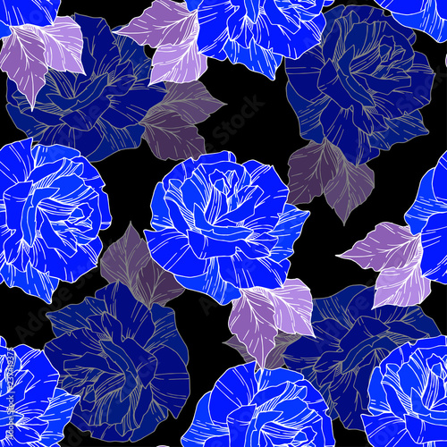 Vector rosel flower. Blue engraved ink art. Seamless background pattern. Fabric wallpaper print. photo