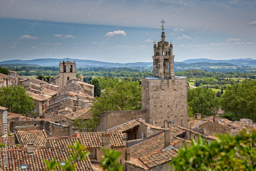 Wiew of Cucuron village with the cathedral tower. Looking over the beautiful village Cucuron, Provence, Luberon, Vaucluse, France