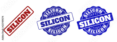 SILICON grunge stamp seals in red and blue colors. Vector SILICON labels with grainy style. Graphic elements are rounded rectangles, rosettes, circles and text labels.