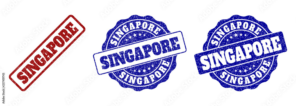 SINGAPORE scratched stamp seals in red and blue colors. Vector SINGAPORE labels with distress texture. Graphic elements are rounded rectangles, rosettes, circles and text labels.