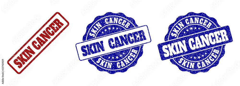 SKIN CANCER grunge stamp seals in red and blue colors. Vector SKIN CANCER watermarks with grunge style. Graphic elements are rounded rectangles, rosettes, circles and text tags.
