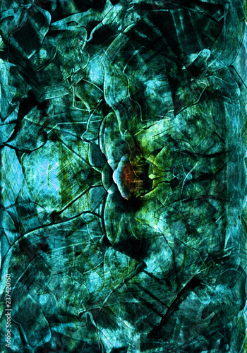 Hand drawn abstract artwork in acrylic and watercolor paints style with emerald, turquoise, dark green color scribble, scratches and wave lines photo