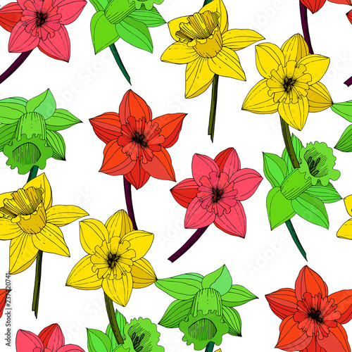 Vector Narcissus flower. Red, yellow and green engraved ink art. Seamless pattern. Fabric wallpaper print texture.