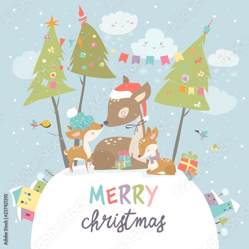 Cute Cartoon Deer family. Merry Christmas and Happy New Year