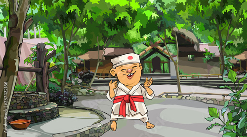 cartoon man in Japanese kimono standing in the yard with trees