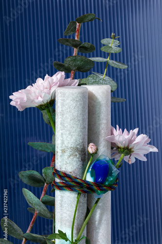 Close up of fresh flowers tied on marble