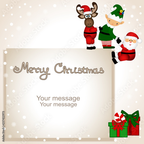 Christmas card. Funny postcard with Christmas Elf, Christmas rei