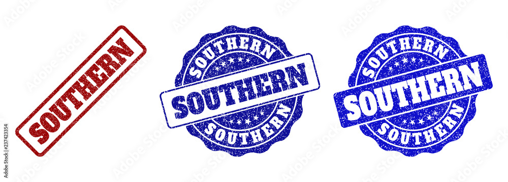 SOUTHERN grunge stamp seals in red and blue colors. Vector SOUTHERN imprints with grunge style. Graphic elements are rounded rectangles, rosettes, circles and text titles. SOUTHERN grunge stamp seals in red and blue colors. Vector SOUTHERN imprints with grunge style. Graphic elements are rounded rectangles, rosettes, circles and text titles.