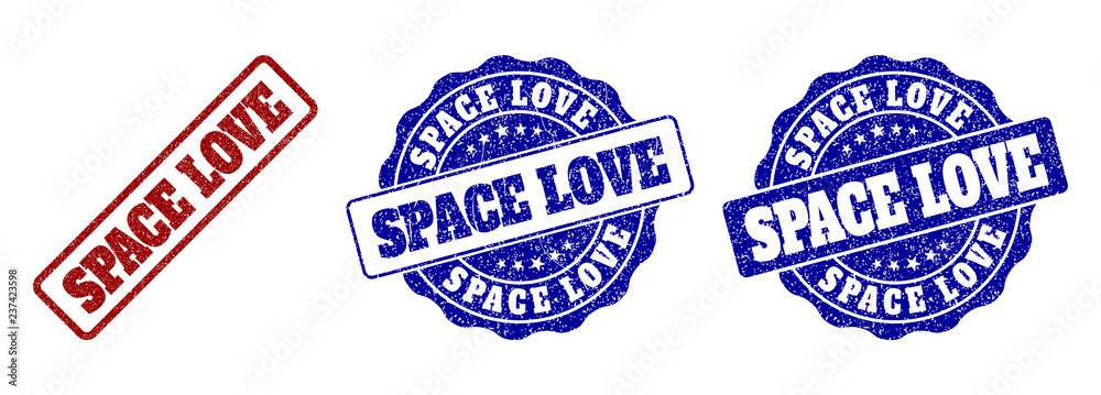 Obraz premium SPACE LOVE grunge stamp seals in red and blue colors. Vector SPACE LOVE imprints with grunge effect. Graphic elements are rounded rectangles, rosettes, circles and text captions.