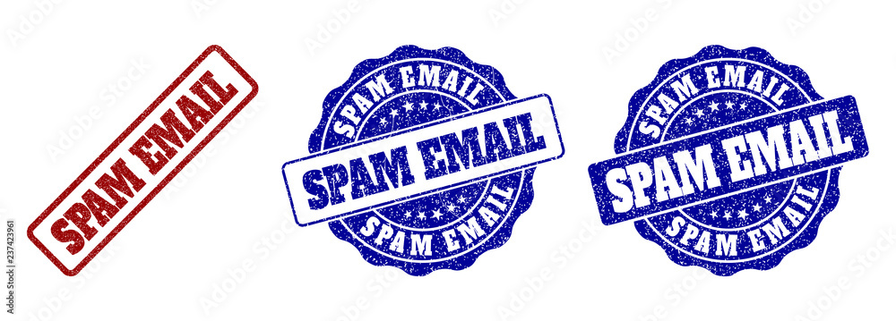 SPAM EMAIL grunge stamp seals in red and blue colors. Vector SPAM EMAIL signs with grunge surface. Graphic elements are rounded rectangles, rosettes, circles and text tags.