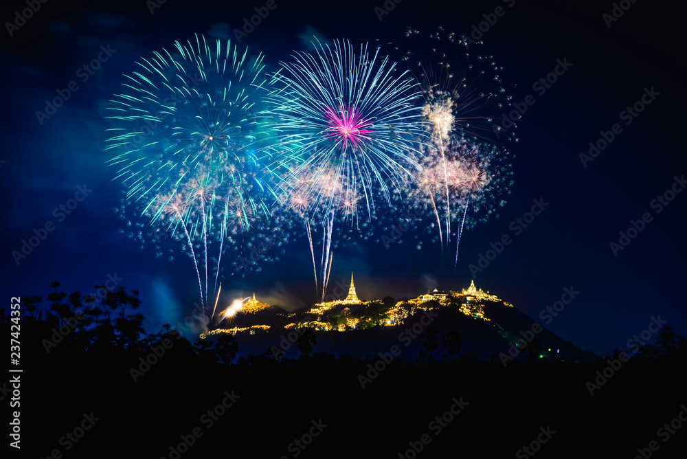 Fireworks show over Phra Nakhon Khiri Historical Park (Khao Wang), Petchaburi, Thailand.