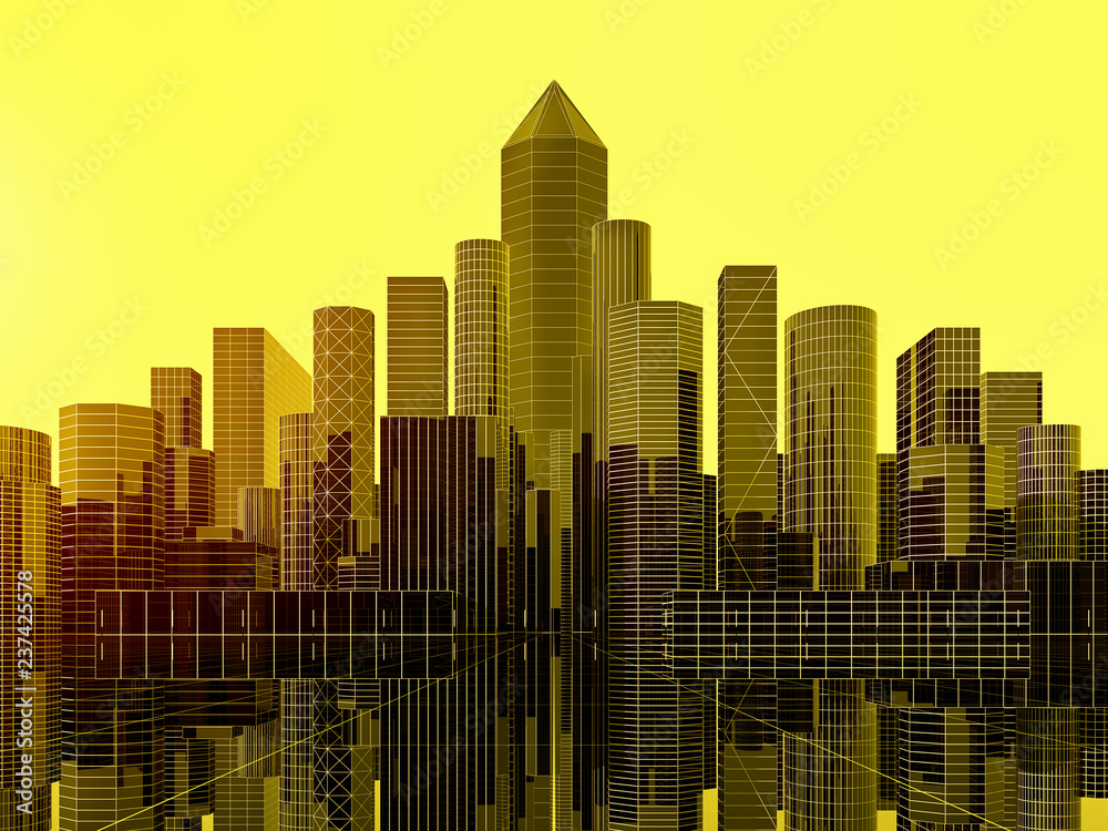 Golden city concept 3d  city made building from gold with a clear  reflection on the floor ,Graphic style image with monochrome color. Stock  Illustration | Adobe Stock