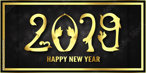 Vector illustration for Happy new year 2019. It's year of the pig. Abstract template with golden design for ceremony the end-of-year.