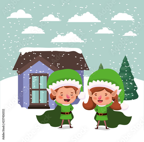 couple santa helpers in snowscape