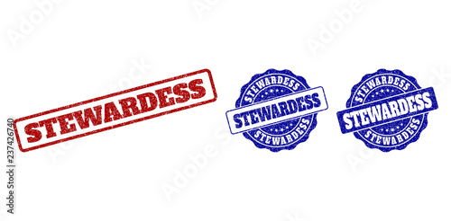 STEWARDESS grunge stamp seals in red and blue colors. Vector STEWARDESS watermarks with distress texture. Graphic elements are rounded rectangles, rosettes, circles and text titles.