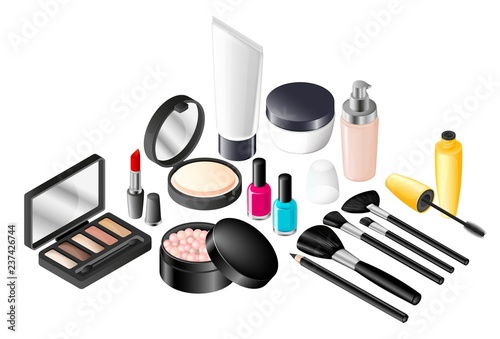 Vector set of realistic accessories for make-up. 3d and isometric tools for creating make-up.