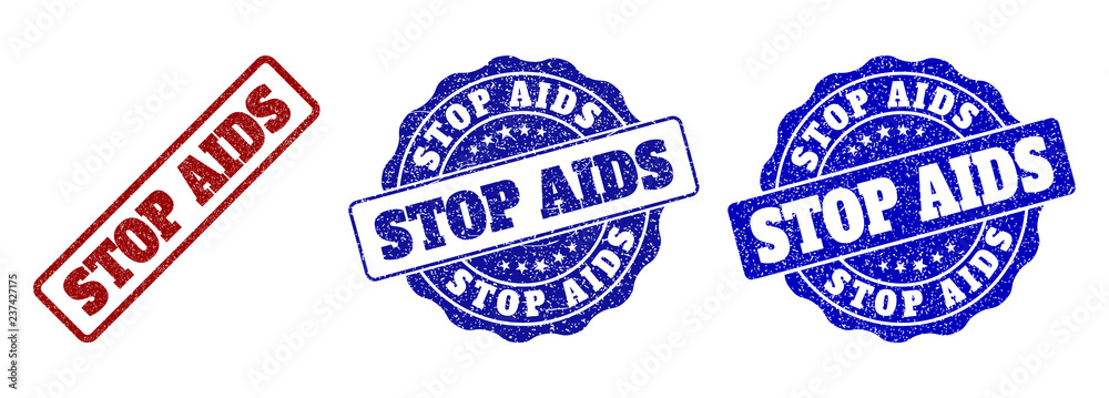 STOP AIDS grunge stamp seals in red and blue colors. Vector STOP AIDS marks with scratced texture. Graphic elements are rounded rectangles, rosettes, circles and text tags. STOP AIDS grunge stamp seals in red and blue colors. Vector STOP AIDS marks with scratced texture. Graphic elements are rounded rectangles, rosettes, circles and text tags.