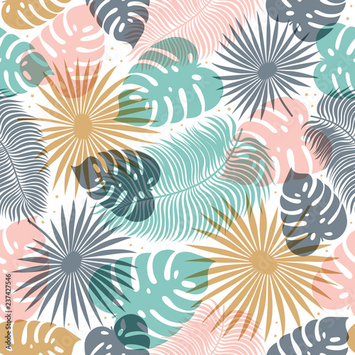 Tropical seamless pattern in pastel colors. Summer tropical design with exotic palm leaves. Monstera, palm, banana leaves. Exotic botanical design. Summer jungle design. Vector illustration © mspoint