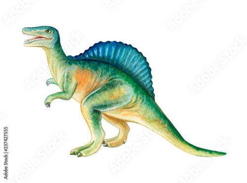 Spinosaurus dinosaur. Hand painted dinosaurs isolated on white background. Predator animal of the prehistoric period. Illustration. Watercolor. Template. Hand drawing. Clipart. Close-up