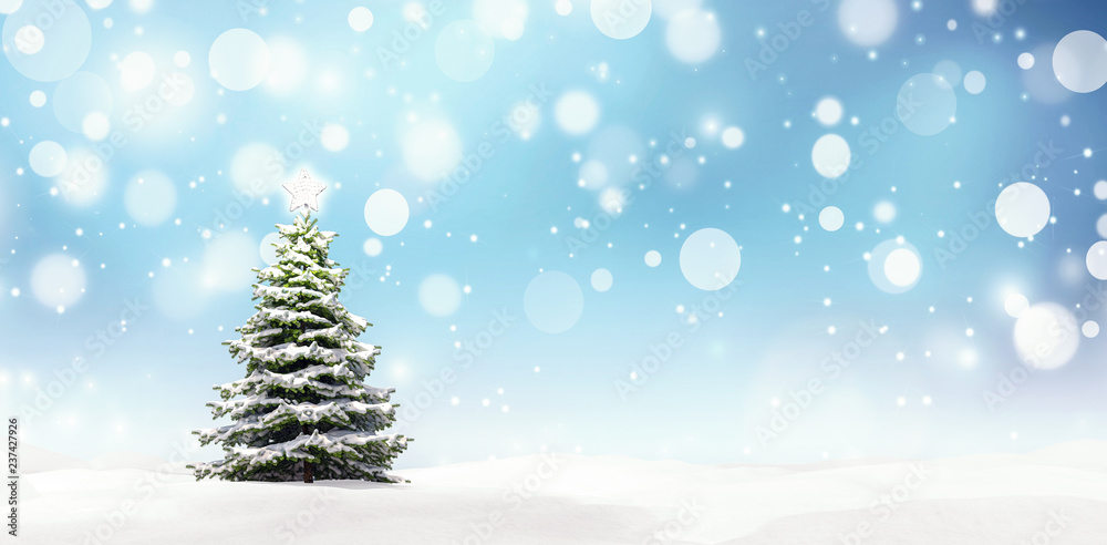 Christmas tree with shiny star, New Year background 3D Rendering