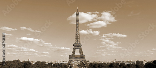 Eiffel Tower in Paris France with sepia effect seen from Hill of