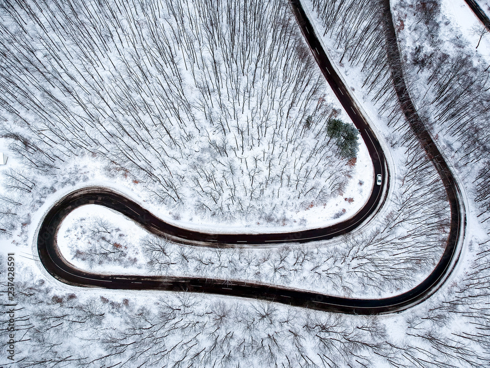 Aerial view of winding road in winter