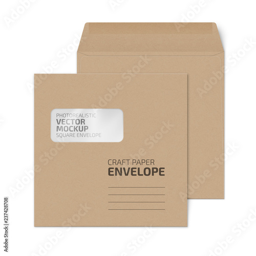 Craft square envelope with window on white.